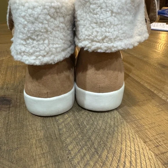 Tan Women's Sneaker Boots with White Sherpa Lining And Fold Over Ankle - Picture 4 of 8